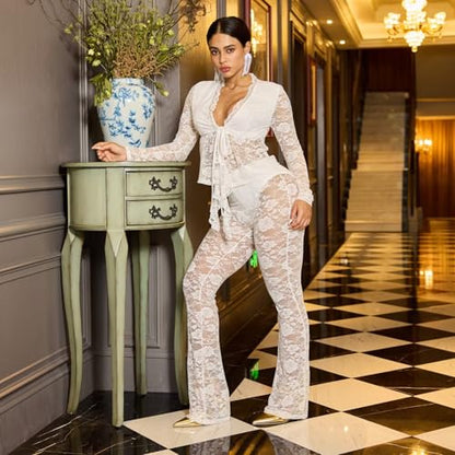 acelyn 2 Piece Lace Outfits For Women Floral Sheer Tie Frone Long Sleeve Crop Top and Flared Pants Y2K Club Outfit