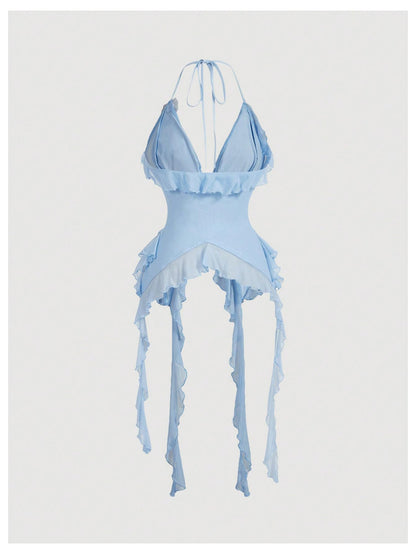 WDIRARA Women's 3D Flower Tie Front Ruffle Trim Halter Top Tie Backless Camisole