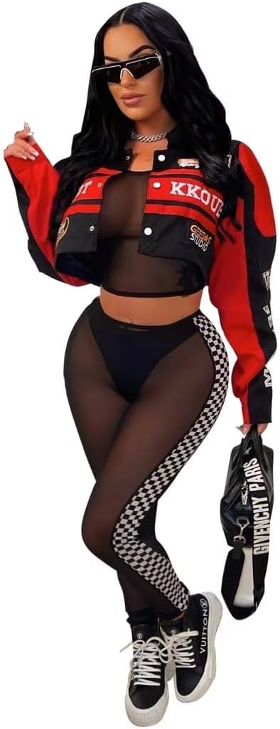 Kafiloe Women Racer Biker Jacket Windbreaker Lightweight Detachable Motorcycle Varsity Jacket Coat Street Wear