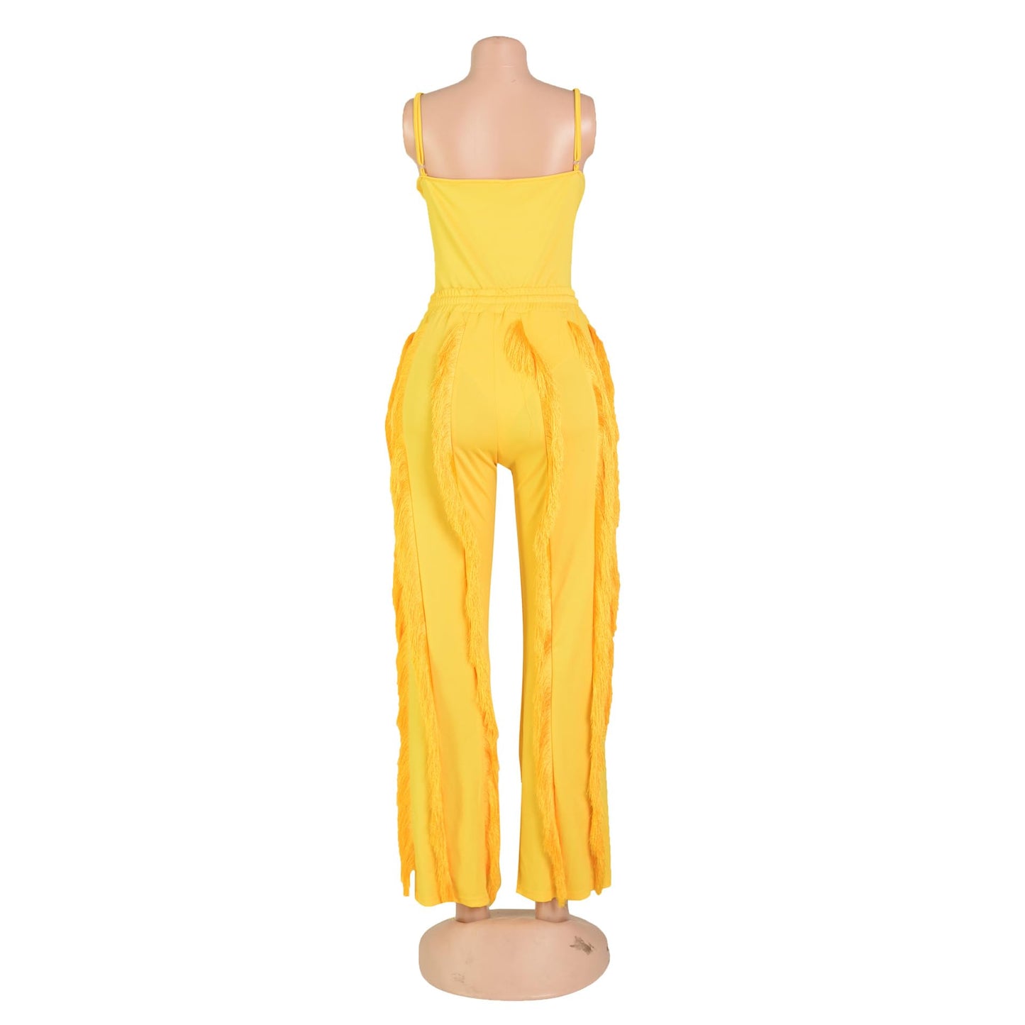 PRIVIMIX Women 2 Piece Outfits Fringe Tassel Long Pants Set Adjustable Suspenders Bodysuit Spaghetti Strap Clubwear Jumpsuits