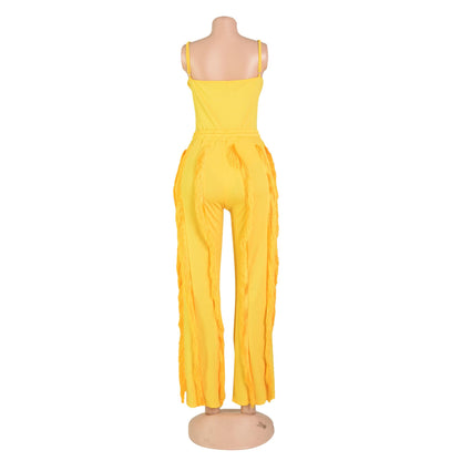 PRIVIMIX Women 2 Piece Outfits Fringe Tassel Long Pants Set Adjustable Suspenders Bodysuit Spaghetti Strap Clubwear Jumpsuits