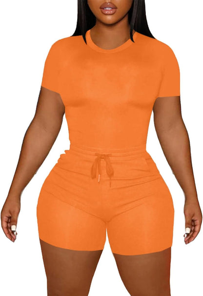 LovelyWholesale Women's Summer 2 Piece Outfits Skinny Shorts Tracksuit Sets