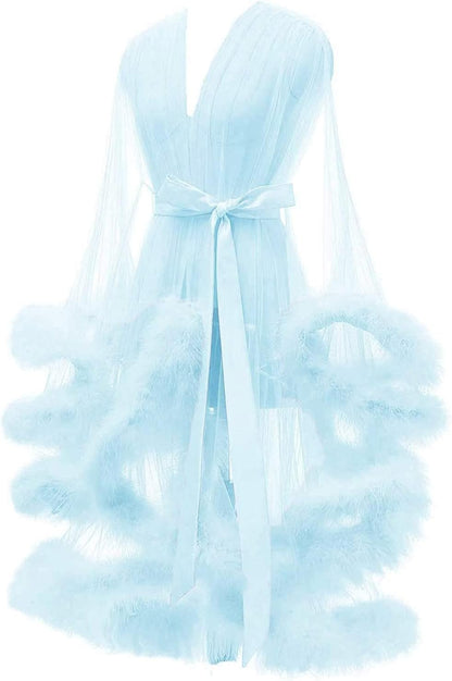 Tulle Feather Robe Sexy Sheer Mesh Fur Bridal Illusion Boudoir Bathrobe Nightgown Christmas Lingerie