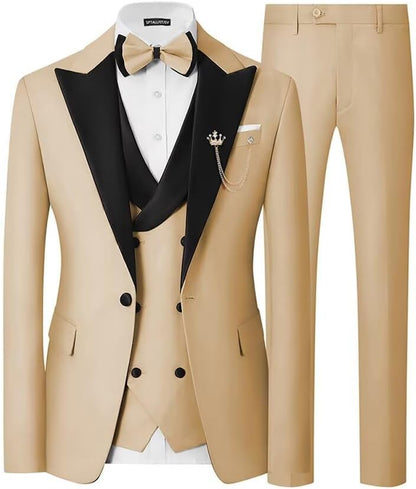 Mens 3 Piece Tuxedo Suit Slim Fit Wedding Prom Dinner Tuxedo for Men Double Breasted Suits Set with Bow Tie