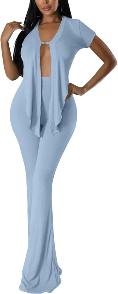 OLUOLIN Two Piece Sets for Women Short Sleeve Sexy V Neck Belted Crop Tops Wide Leg Pants Set Tracksuit