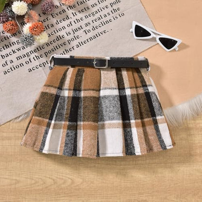 HINTINA Toddler Little Girl Sleeveless Button Vest Ribbed Long Sleeve Collar Top And Pleated Skirt With Belt