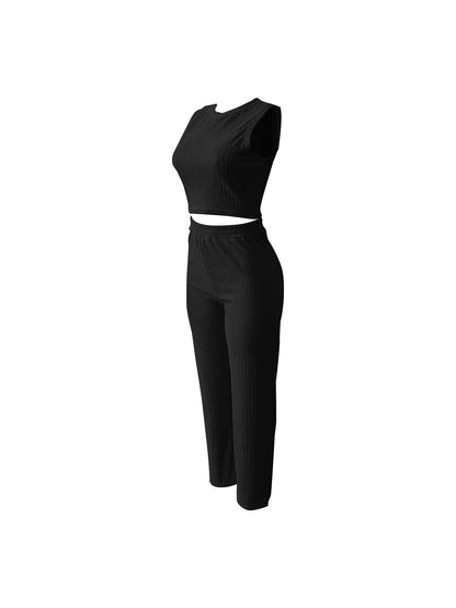 Womens Trendy Ribbed Knit 2 Piece Outfit Sleeveless Crop Top and High Waist Wide Leg Pants Matching Lounge Set