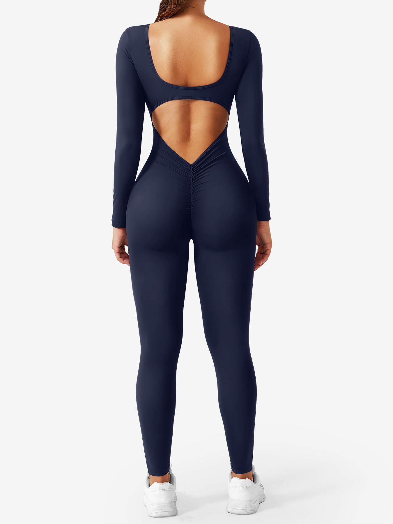 YEOREO Long Sleeve Jumpsuits for Women V Back Bodysuit Workout Full Length Bodycon Scrunch Leggings One Piece Romper