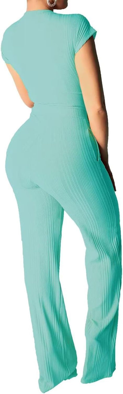 EDITCOZY Women 2 Piece Outfits Sexy Tie Front Crop Top Wide Leg Pants Sets Casual Summer Ribbed Two Piece Set