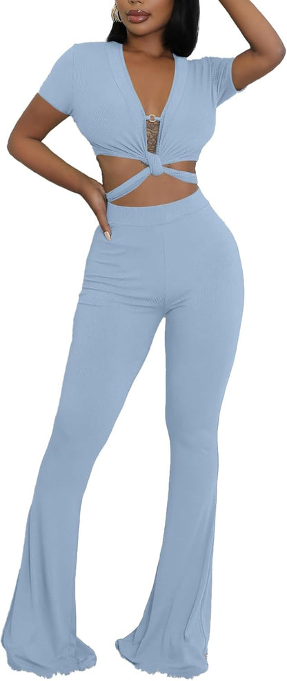 OLUOLIN Two Piece Sets for Women Short Sleeve Sexy V Neck Belted Crop Tops Wide Leg Pants Set Tracksuit