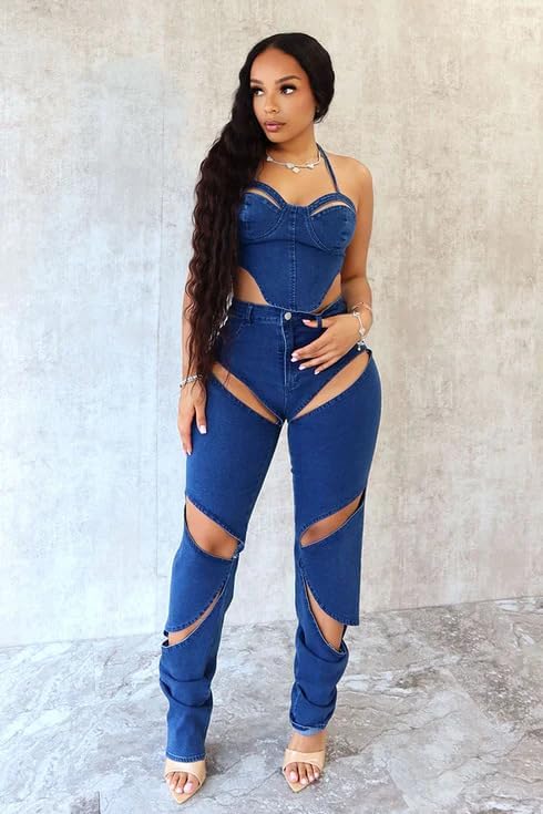 Denim 2 Piece Outfit for Women Sleeveless Cropped Tank Top Bodycon Pants Set Sexy Jean Hollow Out Party Club Tracksuit