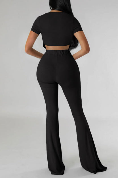 OLUOLIN Two Piece Sets for Women Short Sleeve Sexy V Neck Belted Crop Tops Wide Leg Pants Set Tracksuit