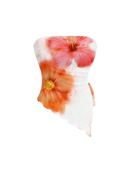 WDIRARA Women's Floral Mesh Strapless Side Ruched Tube Top Asymmetrical Hem Bandeau Crop Tops