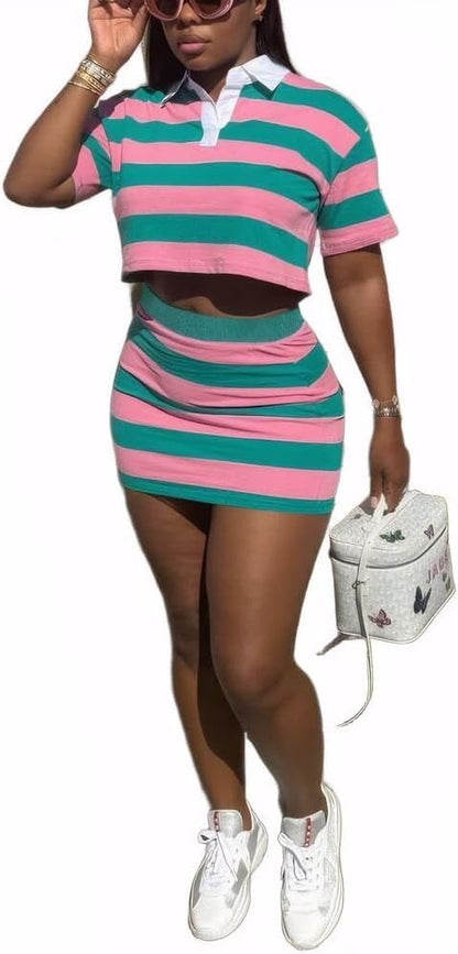 HBQ Women's Casual Two Piece Skirt Sets Polo Collar Crop Top Striped Mini Dress Summer Vacation-Stripe