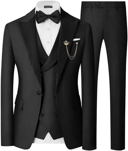 Mens 3 Piece Tuxedo Suit Slim Fit Wedding Prom Dinner Tuxedo for Men Double Breasted Suits Set with Bow Tie
