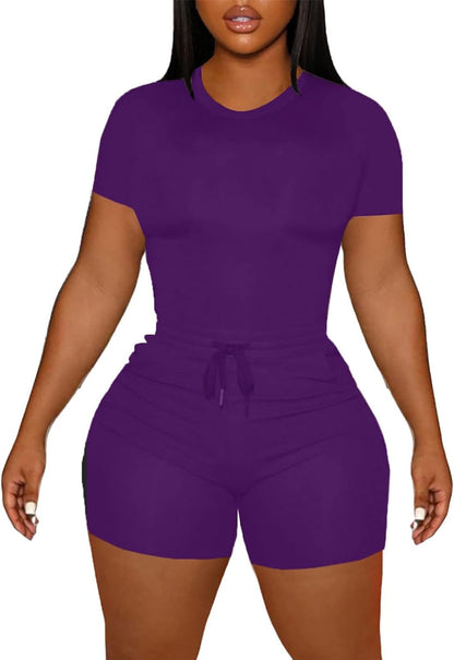 LovelyWholesale Women's Summer 2 Piece Outfits Skinny Shorts Tracksuit Sets