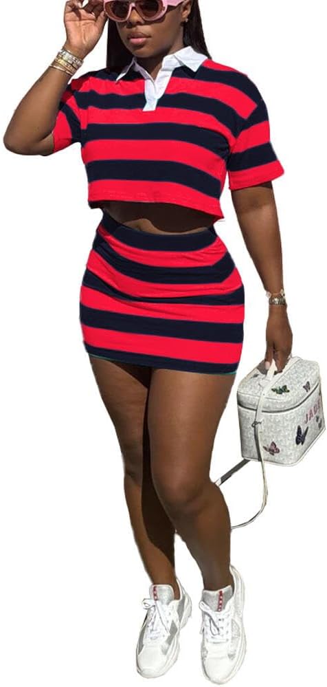HBQ Women's Casual Two Piece Skirt Sets Polo Collar Crop Top Striped Mini Dress Summer Vacation-Stripe