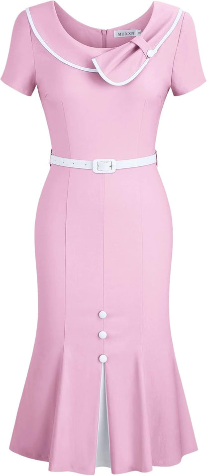 MUXXN Women's Retro 60s Sailor Collar Short Sleeve Pinup Cocktail Work Mermaid Dress with Belt