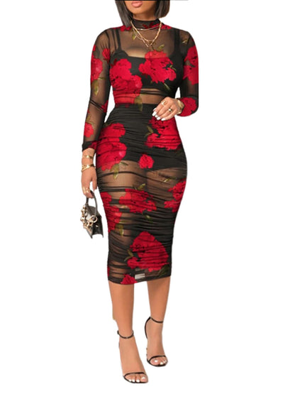 Women Sexy 3 Piece Outfits Set See Through Print Long Sleeve Midi Dress Sheer Mesh Crop Tank Tops Bodycon Skirt