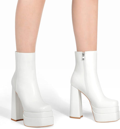 ANN CREEK Women's Double Platform Ankle Boots Chunky Heel Booties Side Zipper Square Toe High Heel Casual Boots