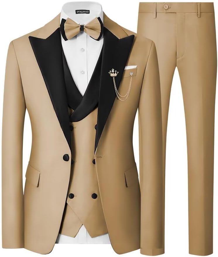 Mens 3 Piece Tuxedo Suit Slim Fit Wedding Prom Dinner Tuxedo for Men Double Breasted Suits Set with Bow Tie