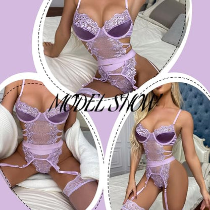 Sexy Lingerie for Women Lingerie Set with Garter Belt Floral Embroidered Lace Bodysuit Teddy Baby Dolls Panty