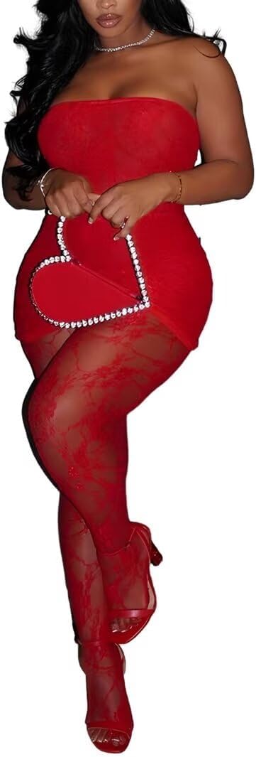 Kafiloe Sexy 3 Piece Outfits for Women Clubwear Lace Tube Mini Dress Top with Stockings Set Birthday Outfits