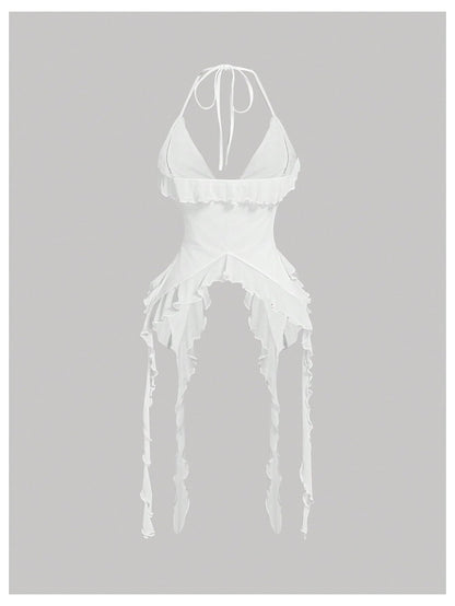 WDIRARA Women's 3D Flower Tie Front Ruffle Trim Halter Top Tie Backless Camisole