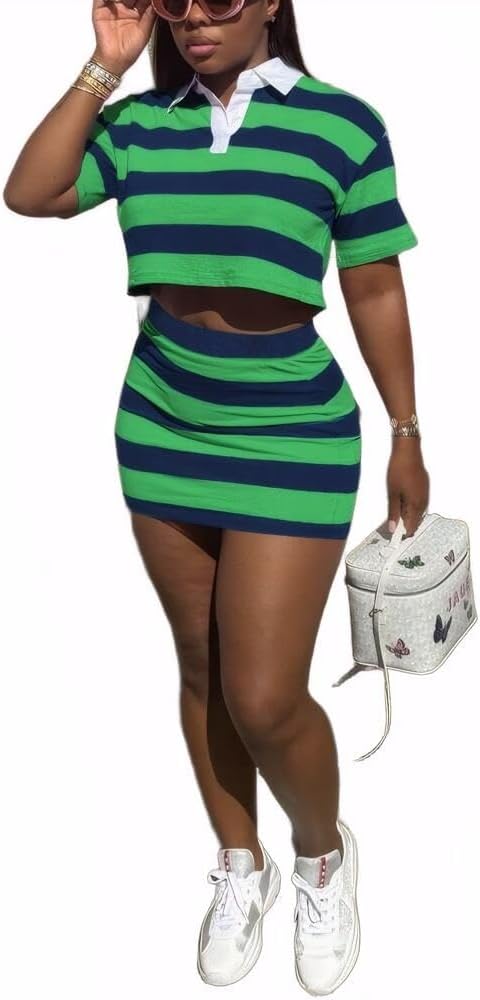 HBQ Women's Casual Two Piece Skirt Sets Polo Collar Crop Top Striped Mini Dress Summer Vacation-Stripe