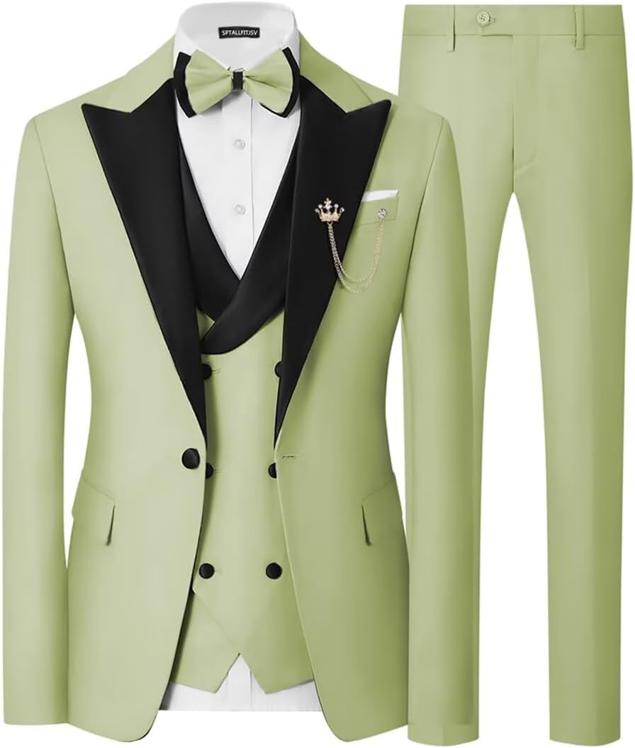 Mens 3 Piece Tuxedo Suit Slim Fit Wedding Prom Dinner Tuxedo for Men Double Breasted Suits Set with Bow Tie