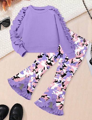 Toddler Girl Clothes Camo Girls Outfits Ruffle Sleeve Tops + Bell Bottom Flared Pants 2 Piece Winter Sweatsuit 2-10T