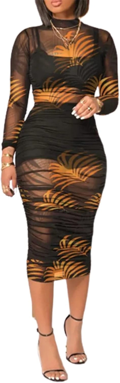 Women Sexy See Through Mesh Long Sleeve Ruched Midi Dresses Crop Top Bodycon Skirt 3 Piece Outfits Set Clubwear