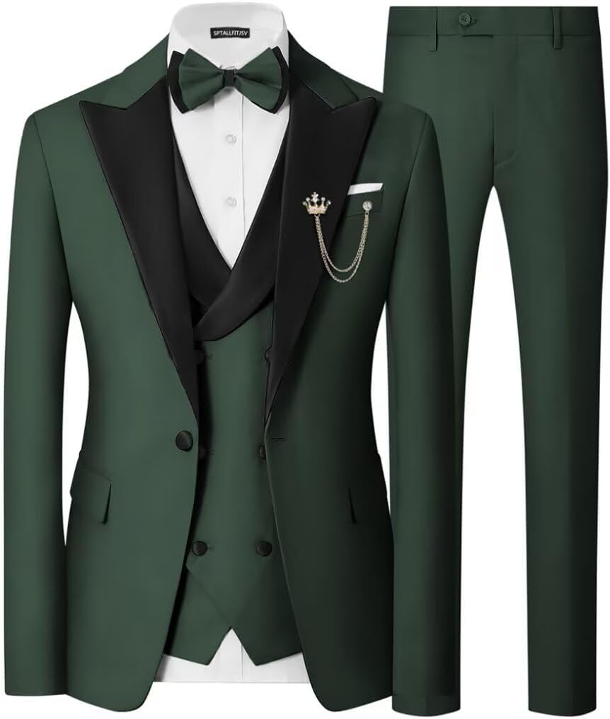 Mens 3 Piece Tuxedo Suit Slim Fit Wedding Prom Dinner Tuxedo for Men Double Breasted Suits Set with Bow Tie
