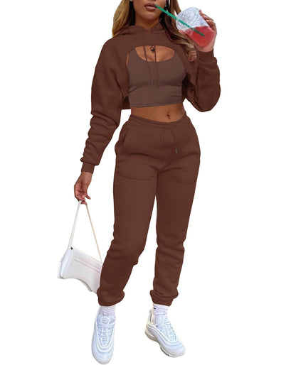 Adogirl Women 3 Piece Outfits Tracksuits Set Sexy Long Sleeve Pullover Hoodie Tank Crop Tops Jogger Sweatpants Sweatsuits