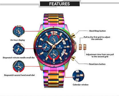 RUIGE Sports Chronograph Colorful Series Multi Functional Men's Quartz Watch Stainless Steel Material Men's Night Light Waterproof Fashion Trend Watch Diameter 42MM N3-3