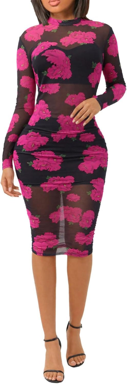 Women Sexy See Through Mesh Long Sleeve Ruched Midi Dresses Crop Top Bodycon Skirt 3 Piece Outfits Set Clubwear