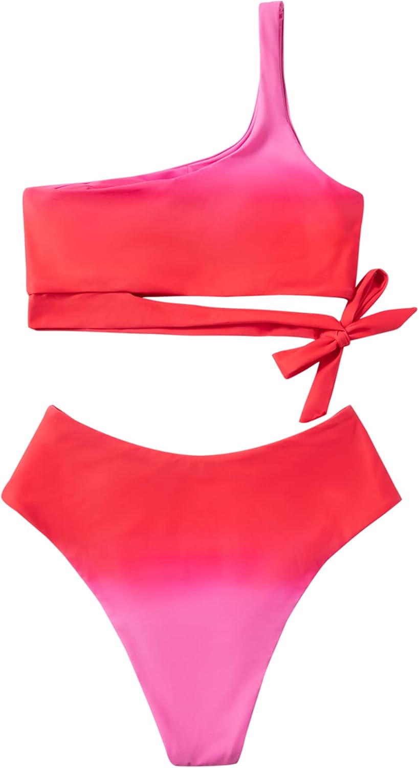 MOOSLOVER Women One Shoulder High Waisted Bikini Tie High Cut Two Piece Swimsuits