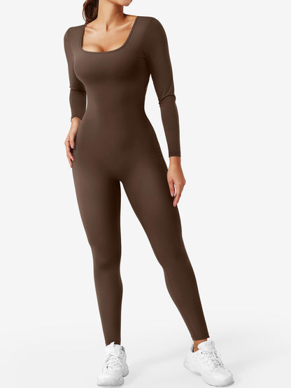 YEOREO Long Sleeve Jumpsuits for Women V Back Bodysuit Workout Full Length Bodycon Scrunch Leggings One Piece Romper