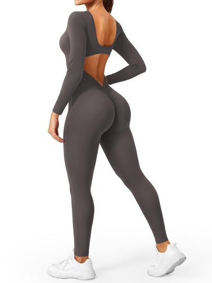 YEOREO Long Sleeve Jumpsuits for Women V Back Bodysuit Workout Full Length Bodycon Scrunch Leggings One Piece Romper