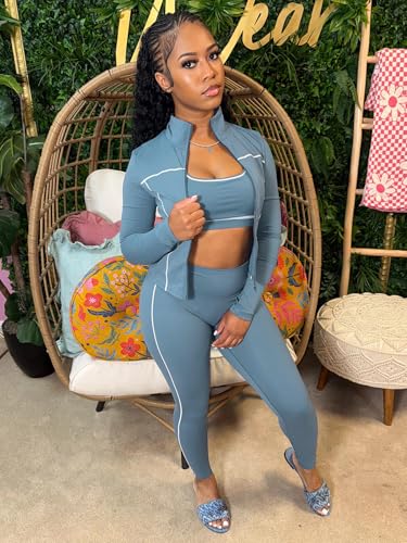 Womens Lounge 3 Piece Outfits Long Sleeve High Neck Zipper Slim Jacket Bodycon Pants Tracksuits Workout Set