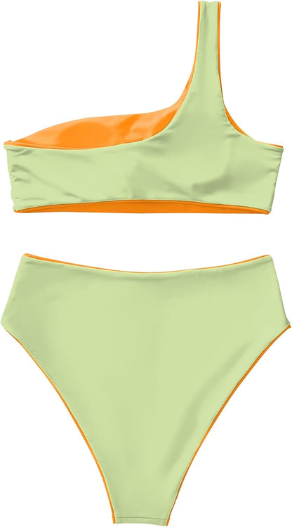 MOOSLOVER Women One Shoulder High Waisted Bikini Tie High Cut Two Piece Swimsuits