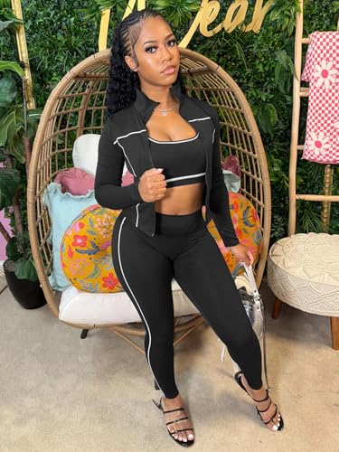 Womens Lounge 3 Piece Outfits Long Sleeve High Neck Zipper Slim Jacket Bodycon Pants Tracksuits Workout Set