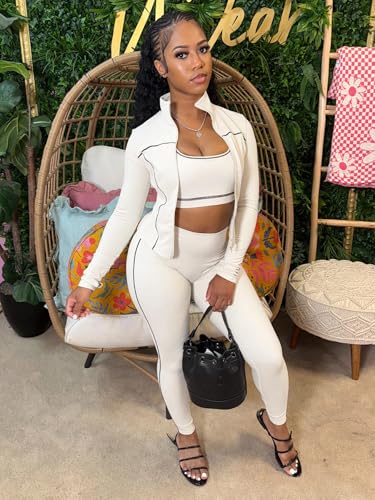 Womens Lounge 3 Piece Outfits Long Sleeve High Neck Zipper Slim Jacket Bodycon Pants Tracksuits Workout Set