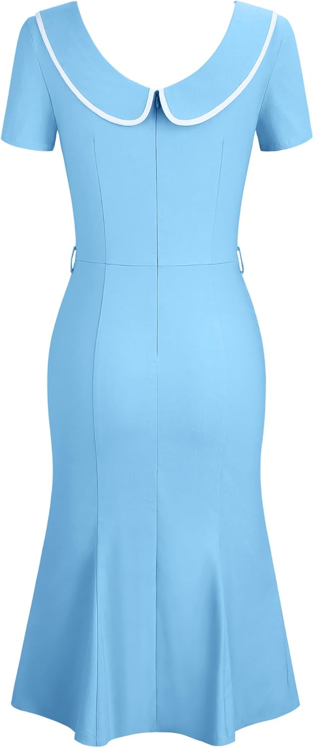 MUXXN Women's Retro 60s Sailor Collar Short Sleeve Pinup Cocktail Work Mermaid Dress with Belt
