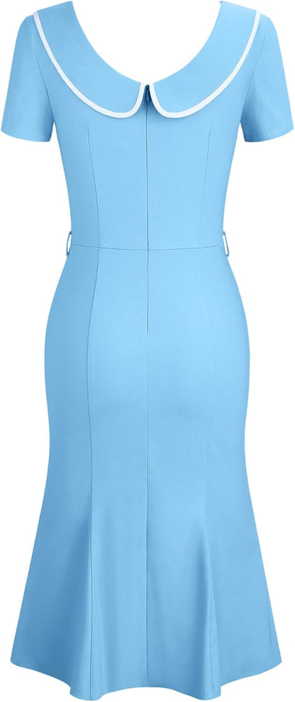 MUXXN Women's Retro 60s Sailor Collar Short Sleeve Pinup Cocktail Work Mermaid Dress with Belt