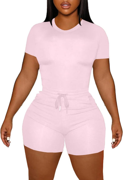 LovelyWholesale Women's Summer 2 Piece Outfits Skinny Shorts Tracksuit Sets