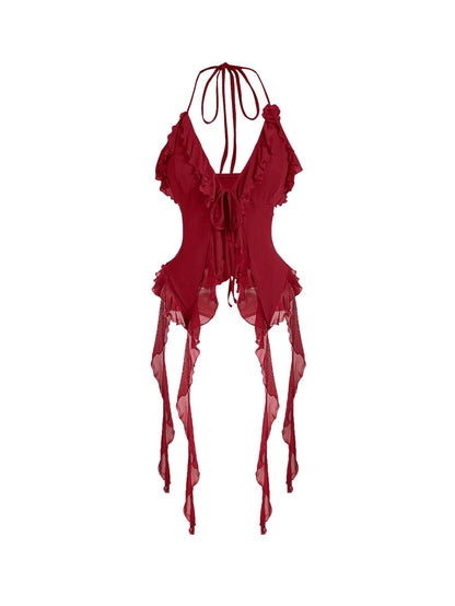 WDIRARA Women's 3D Flower Tie Front Ruffle Trim Halter Top Tie Backless Camisole