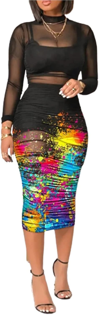 Women Sexy See Through Mesh Long Sleeve Ruched Midi Dresses Crop Top Bodycon Skirt 3 Piece Outfits Set Clubwear