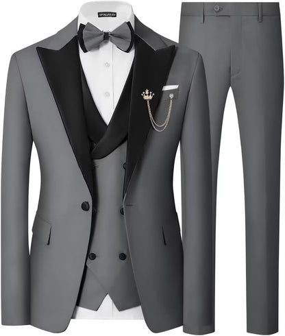 Mens 3 Piece Tuxedo Suit Slim Fit Wedding Prom Dinner Tuxedo for Men Double Breasted Suits Set with Bow Tie