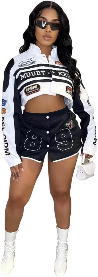 Kafiloe Women Racer Biker Jacket Windbreaker Lightweight Detachable Motorcycle Varsity Jacket Coat Street Wear